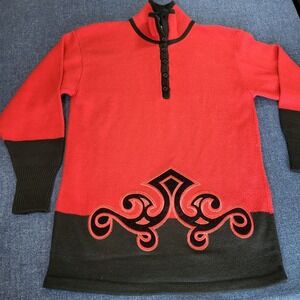 Vintage Joyce Red Black Colorblock Scroll Applique Mock Neck Sweater Mens Medium